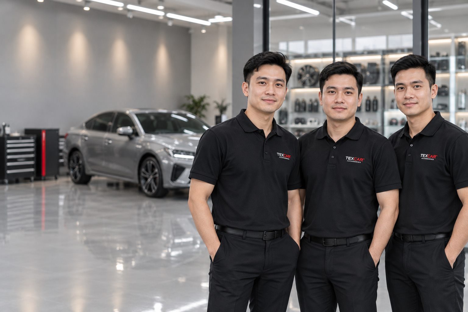 Ba kỹ thuật viên mặc đồng phục áo polo đen đứng trong showroom TEXCAR